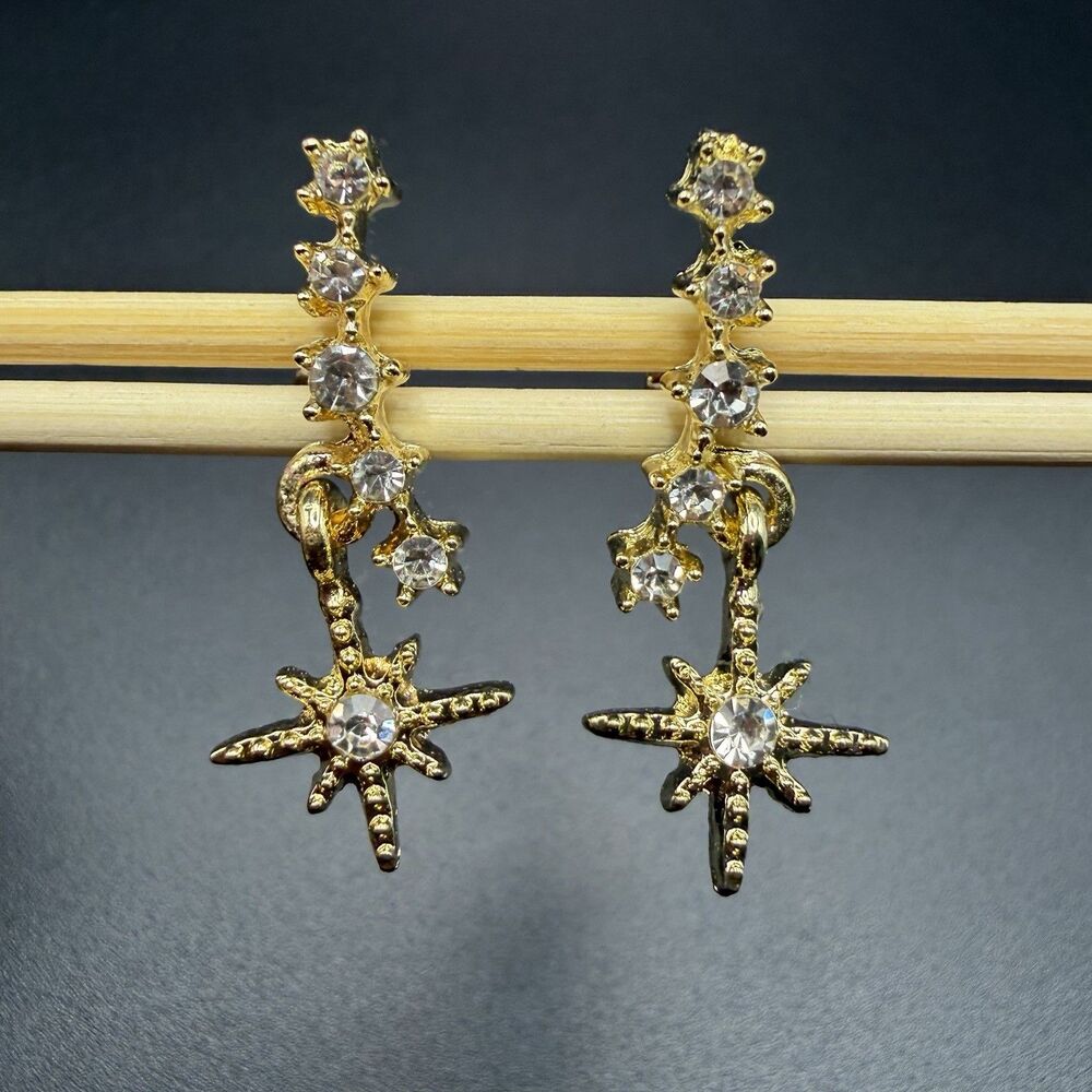 Gold Tone Starburst CZ Drop Earrings Dainty Celestial Earrings Brand New Jewelry